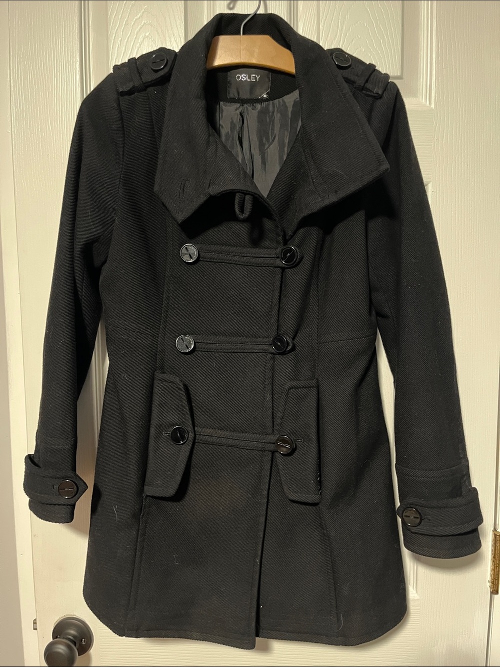 Women's Black Double-Breasted Pea Coat with Epaulets